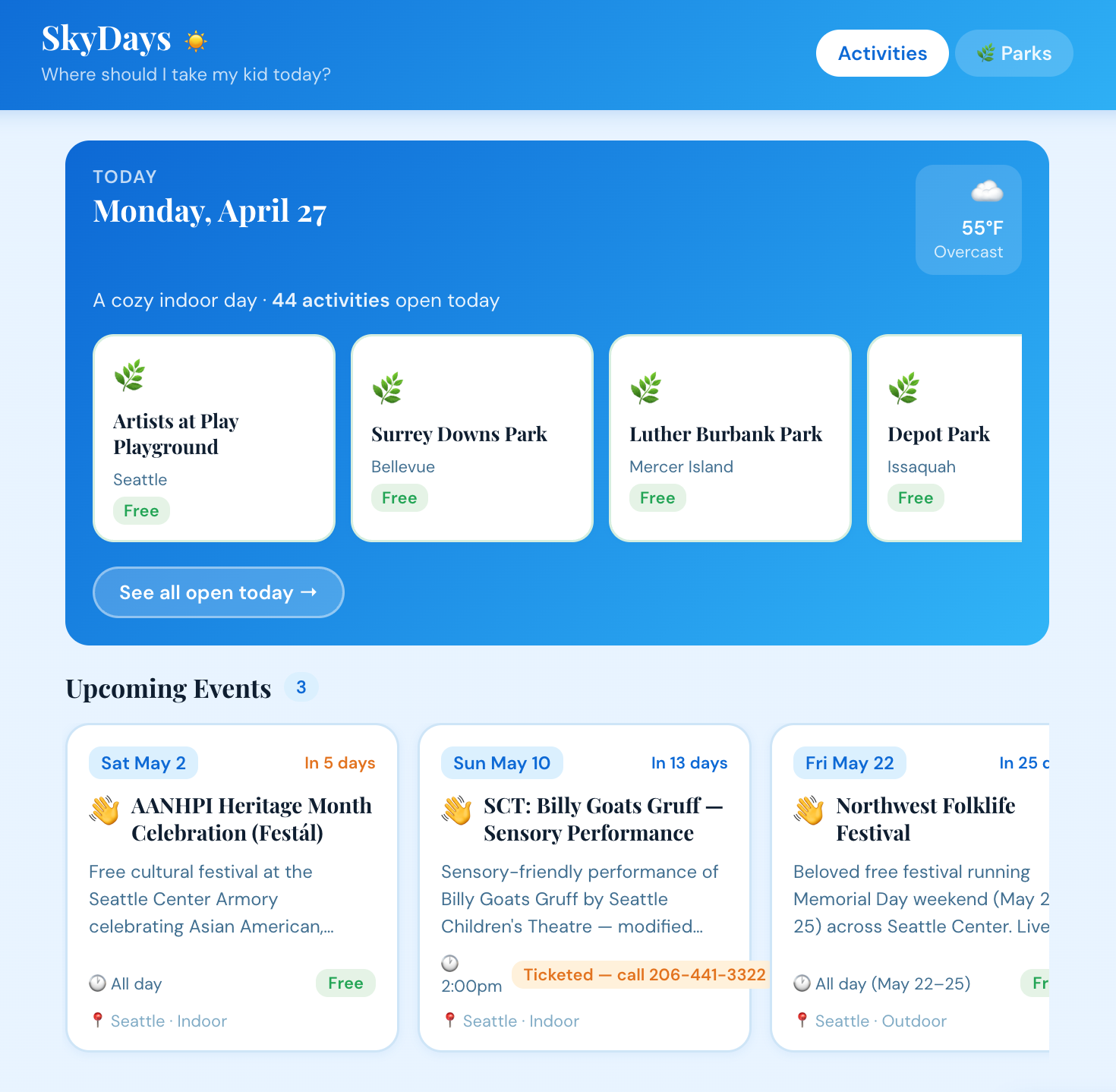 SkyDays dashboard